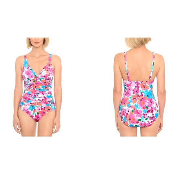 Swim Solutions Twist Front Tummy Control Pink One Piece Swimsuit Size 8 1047H3 - Picture 1 of 10